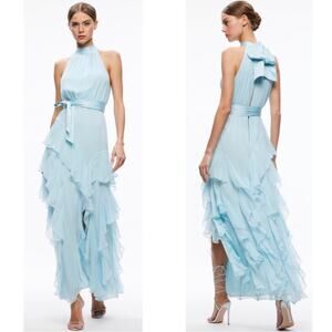 ALICE + OLIVIA Emelia Silk Halter Neck Ruffle Tiered Julep Blue Maxi Dress Sz 12